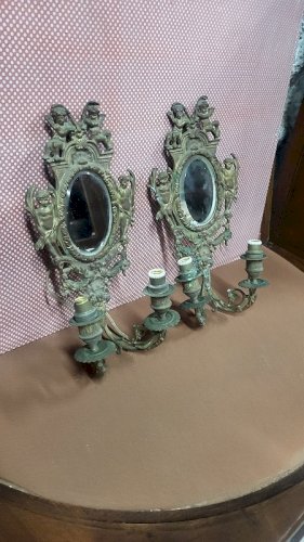 ANCIENNE PAIRE D'APPLIQUES MIROIR ELECTRIFIEES EN BRONZE