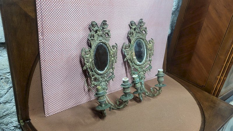 ANCIENNE PAIRE D'APPLIQUES MIROIR ELECTRIFIEES EN BRONZE