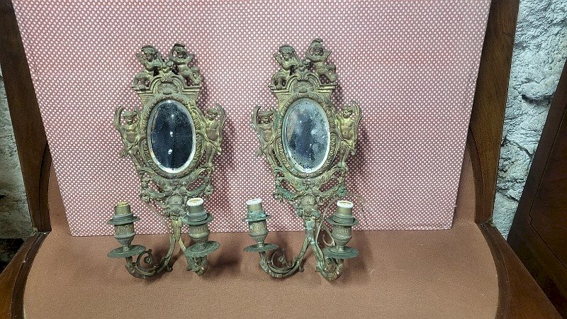 ANCIENNE PAIRE D'APPLIQUES MIROIR ELECTRIFIEES EN BRONZE