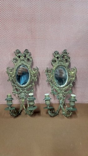 ANCIENNE PAIRE D'APPLIQUES MIROIR ELECTRIFIEES EN BRONZE