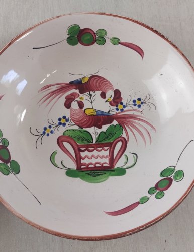 Ancienne paire d'assiettes creuses, décor oiseaux ,faïence de l'Est / Islettes