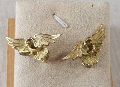 Ancienne paire de boucles d'oreilles clips, en métal doré, oiseaux, Orena