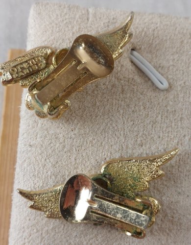 Ancienne paire de boucles d'oreilles clips, en métal doré, oiseaux, Orena