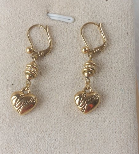 Ancienne paire de boucles doreilles pendantes, en métal doré, Guess