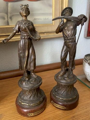 Ancienne paire de statuettes en régule allégorie semeuse et récolte 1900's