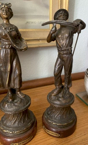 Ancienne paire de statuettes en régule allégorie semeuse et récolte 1900's
