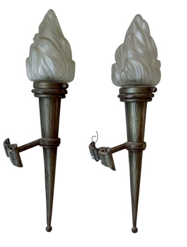 Ancienne Paire Grande Applique Murale Torchère Lanterne Flambeau Fer Et Verre