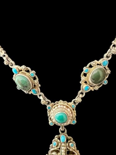 Ancienne Parure austro-hongrois XIXe siècle argent turquoises perles fines Broch