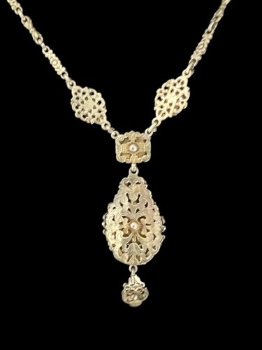 Ancienne Parure austro-hongrois XIXe siècle argent turquoises perles fines Broch