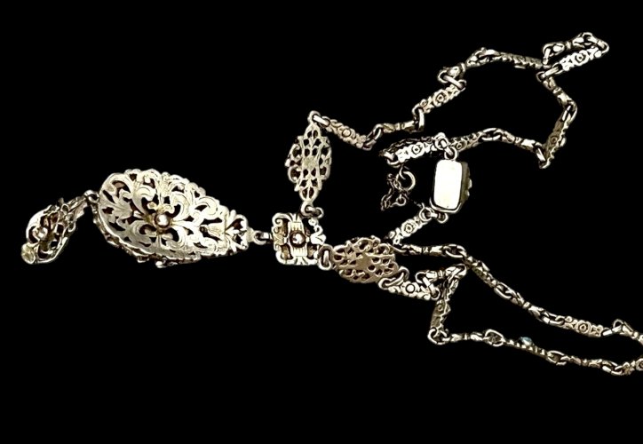 Ancienne Parure austro-hongrois XIXe siècle argent turquoises perles fines Broch