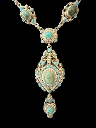 Ancienne Parure austro-hongrois XIXe siècle argent turquoises perles fines Broch
