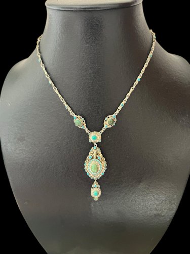 Ancienne Parure austro-hongrois XIXe siècle argent turquoises perles fines Broch