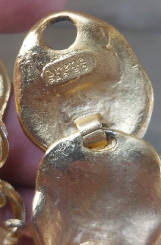 Ancienne parure boucles d'oreilles clips + collier, en métal doré, Orena ^