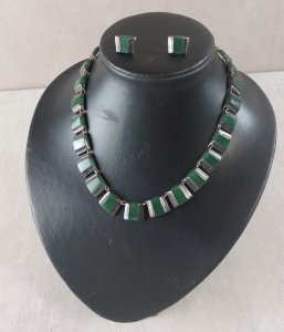 Ancienne parure, collier + boucles d'oreilles, agate, en argent massif, Taxco