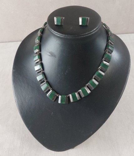 Ancienne parure, collier + boucles d'oreilles, agate, en argent massif, Taxco