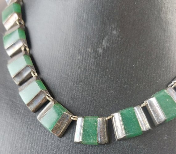 Ancienne parure, collier + boucles d'oreilles, agate, en argent massif, Taxco