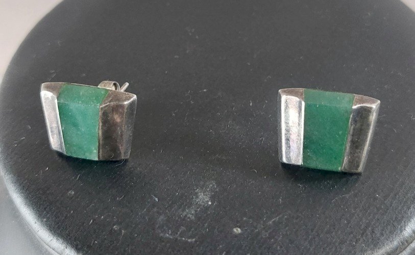 Ancienne parure, collier + boucles d'oreilles, agate, en argent massif, Taxco