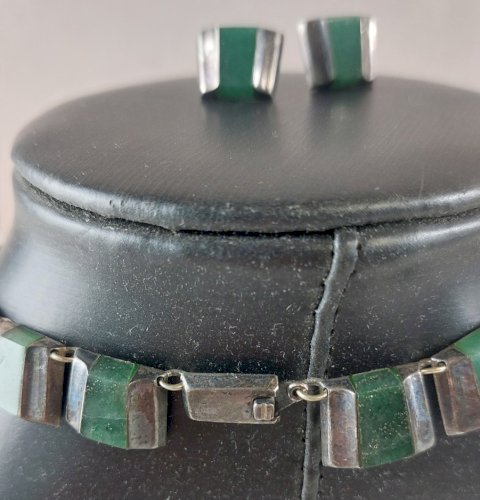 Ancienne parure, collier + boucles d'oreilles, agate, en argent massif, Taxco