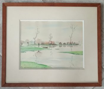 Old watercolor painting Sallertaine Marais Vendée signed Chesneau 20th century