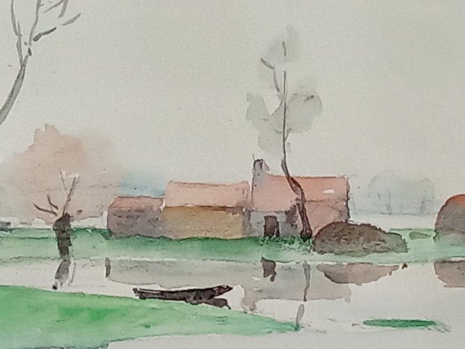 Ancienne peinture aquarelle Sallertaine Marais Vendée signée Chesneau  20 ème