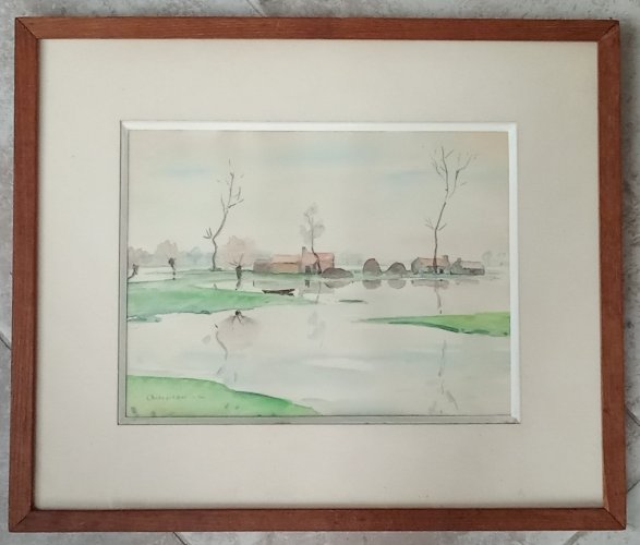 Ancienne peinture aquarelle Sallertaine Marais Vendée signée Chesneau  20 ème
