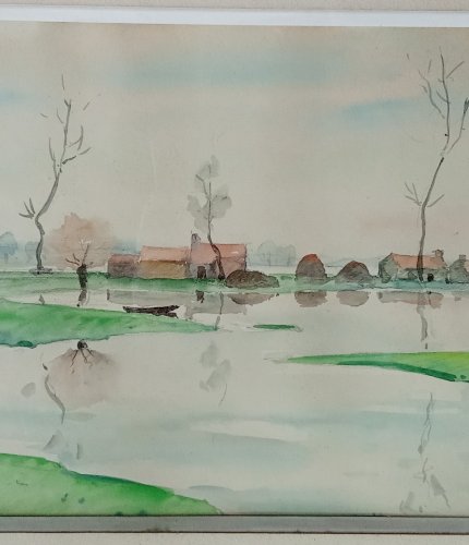 Ancienne peinture aquarelle Sallertaine Marais Vendée signée Chesneau  20 ème