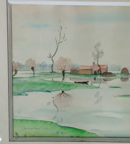 Ancienne peinture aquarelle Sallertaine Marais Vendée signée Chesneau  20 ème