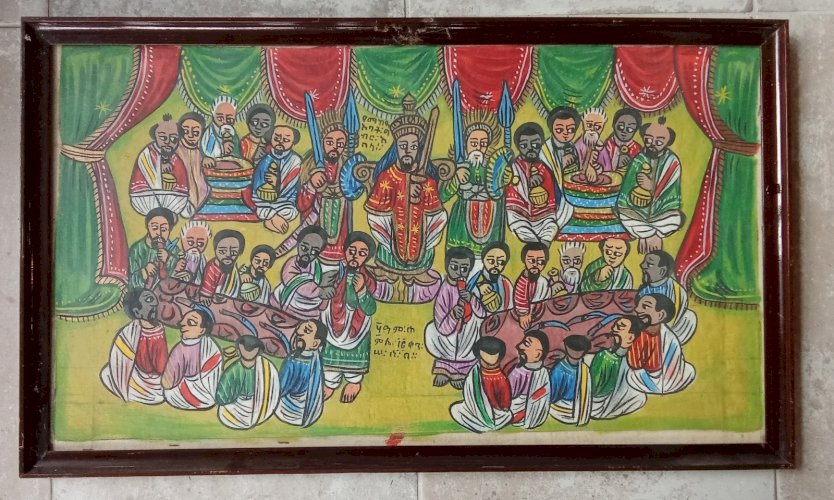Ancienne Peinture Éthiopienne Ethiopie Art Ethnique Scène Traditionnelle 