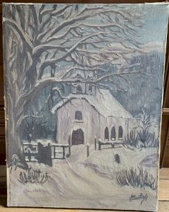 old painting HST chapel or church in a winter landscape signed