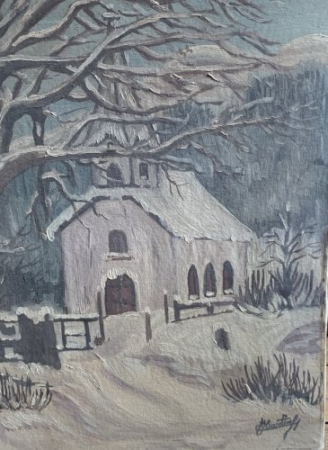ancienne peinture HST chapelle ou église dans un paysage hivernal signé