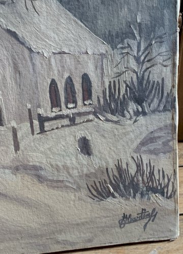 ancienne peinture HST chapelle ou église dans un paysage hivernal signé