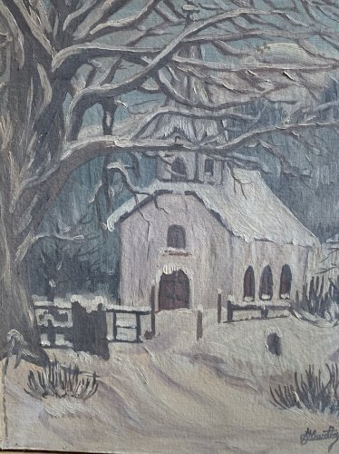 ancienne peinture HST chapelle ou église dans un paysage hivernal signé