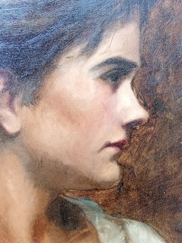 Ancienne Peinture Huile Toile Portrait Jeune Femme Art 19 Ème Siècle Old Paint