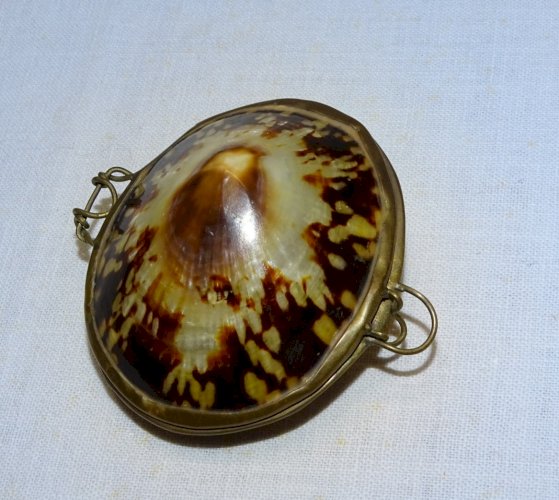 - ANCIENNE PETITE BOITE COQUILLAGE et MONTURE LAITON à CHAPELET ou PILULES   D