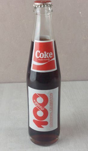 Ancienne petite bouteille de Coca Cola, 100 ans / centenaire, 1986 ^