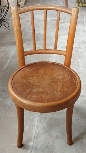 Ancienne Petite Chaise Enfant Fischel Colombine Pierrot Bois Courbé