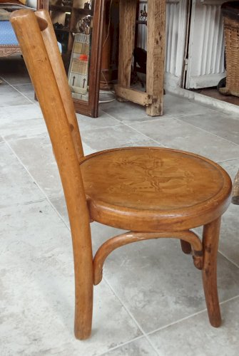 Ancienne Petite Chaise Enfant Fischel Décor Gravé Pierrot Bois Courbé