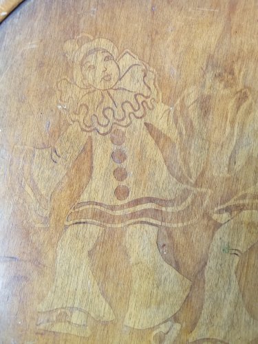 Ancienne Petite Chaise Enfant Fischel Décor Gravé Pierrot Bois Courbé