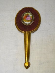 -ANCIENNE PETITE GLACE MIROIR FACE A MAIN CAMEE PORCELAINE LIMOGES AU DOS  D