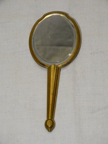 -ANCIENNE PETITE GLACE MIROIR FACE A MAIN CAMEE PORCELAINE LIMOGES AU DOS  D
