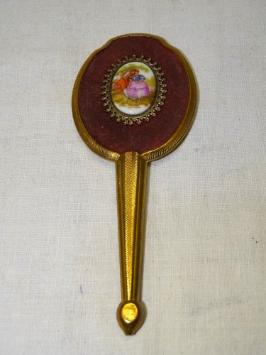 -ANCIENNE PETITE GLACE MIROIR FACE A MAIN CAMEE PORCELAINE LIMOGES AU DOS  D