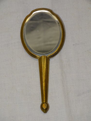 -ANCIENNE PETITE GLACE MIROIR FACE A MAIN CAMEE PORCELAINE LIMOGES AU DOS  D