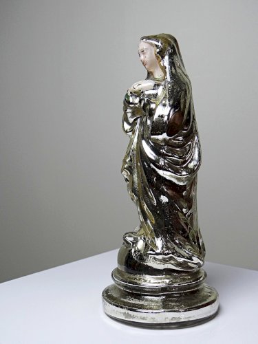 Ancienne petite vierge en verre églomisée polychrome XIXe