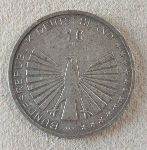 Old coin, 10 Euros, Treaty of Rome, 2007 Germany, silver