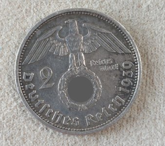 Old coin, 2 Reichsmarks, von Hindenburg, 1939 Germany, silver