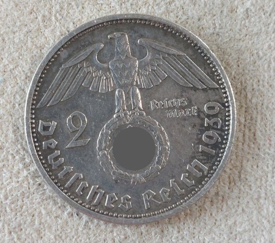 Ancienne pièce de monnaie, 2 Reichsmark, von Hindenburg, 1939 Allemagne, argent ^