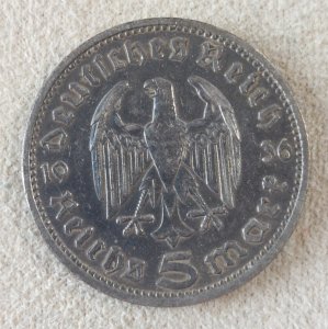 Old coin, 5 Reichsmark, von Hindenburg, 1936 Germany, silver