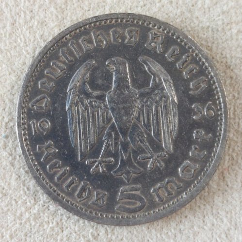 Ancienne pièce de monnaie, 5 Reichsmark, von Hindenburg, 1936 Allemagne, argent ^