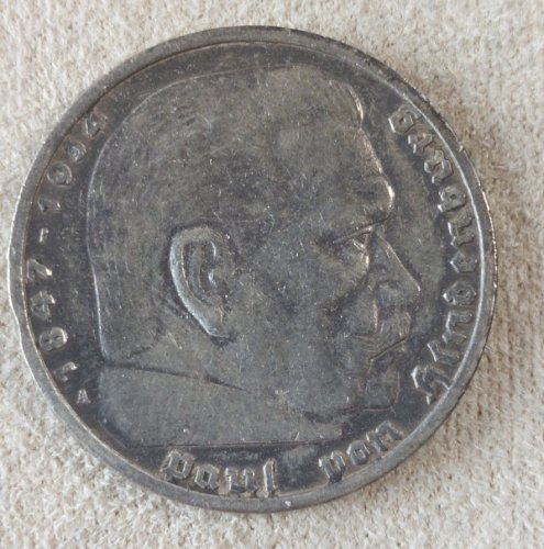 Ancienne pièce de monnaie, 5 Reichsmark, von Hindenburg, 1936 Allemagne, argent ^