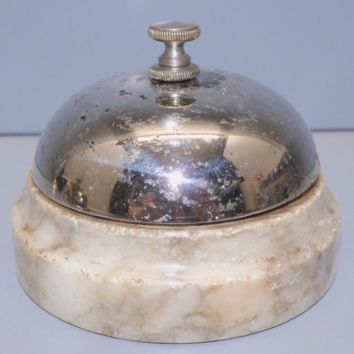 -ANCIENNE SONNETTE de COMPTOIR Cloche Chromée SOCLE MARBRE JUS de GRENIER   D